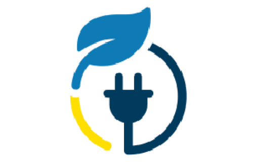 A blue electrical plug encircled by a blue leaf