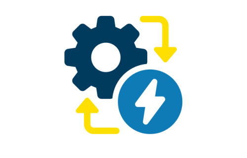 A gear icon and a lightning bolt icon connected by arrows indicating a feedback cycle