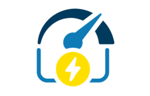 a blue gauge at 75% capacity and a yellow lightning bolt
