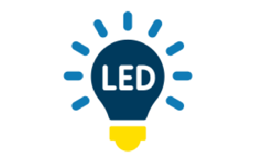 A shining blue lightbulb with the letters LED overlayed