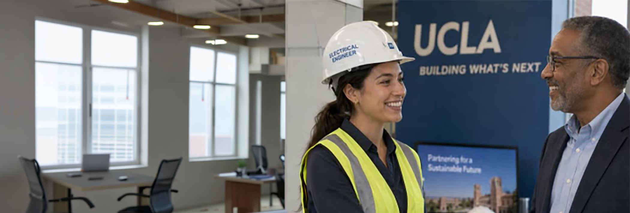 a facilities management professional shakes hands with a campus partner in an office that is being renovated