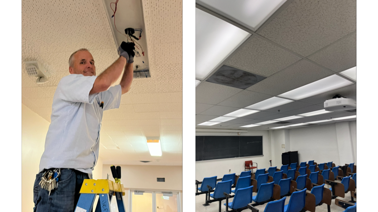 (Left) UCLA Electrician, Jeffery Hatfield working on a Retrofit  (Right) Young Hall Classroom 3069 Post-Retrofit