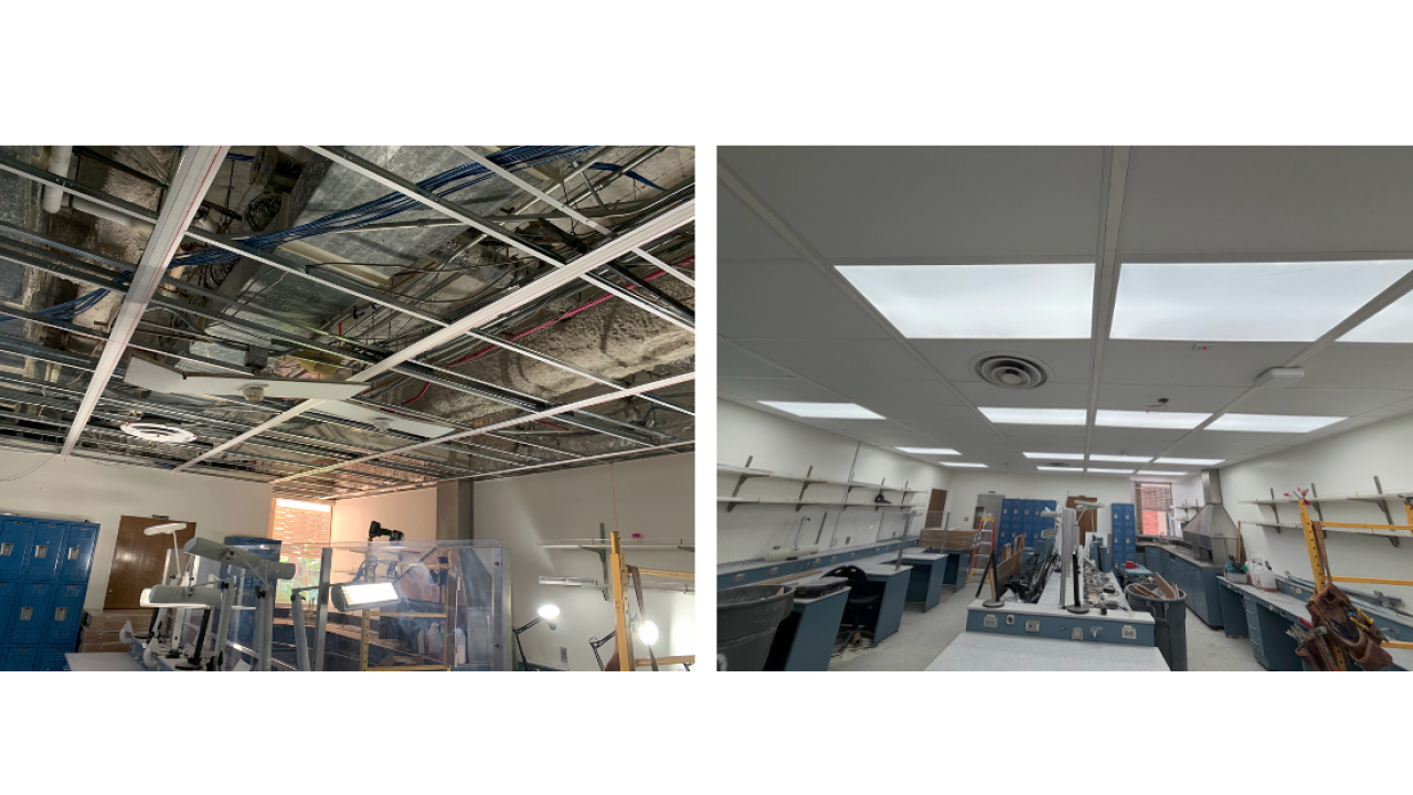 Exposed ceiling wires on left; classroom interior with new ceiling gridson right.