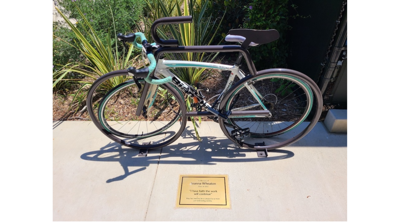 memorial bike rack in honor of Joanna Wheaton