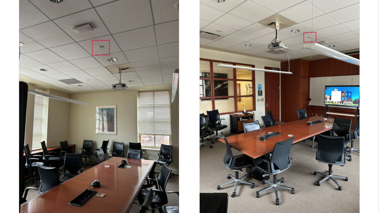 Large conference rooms with installed occupancy sensors highlighted in the red boxes