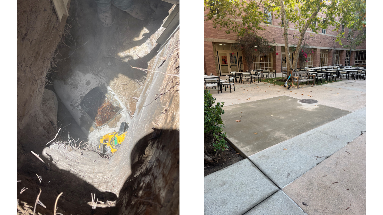 storm drain excavation beside repaired concrete