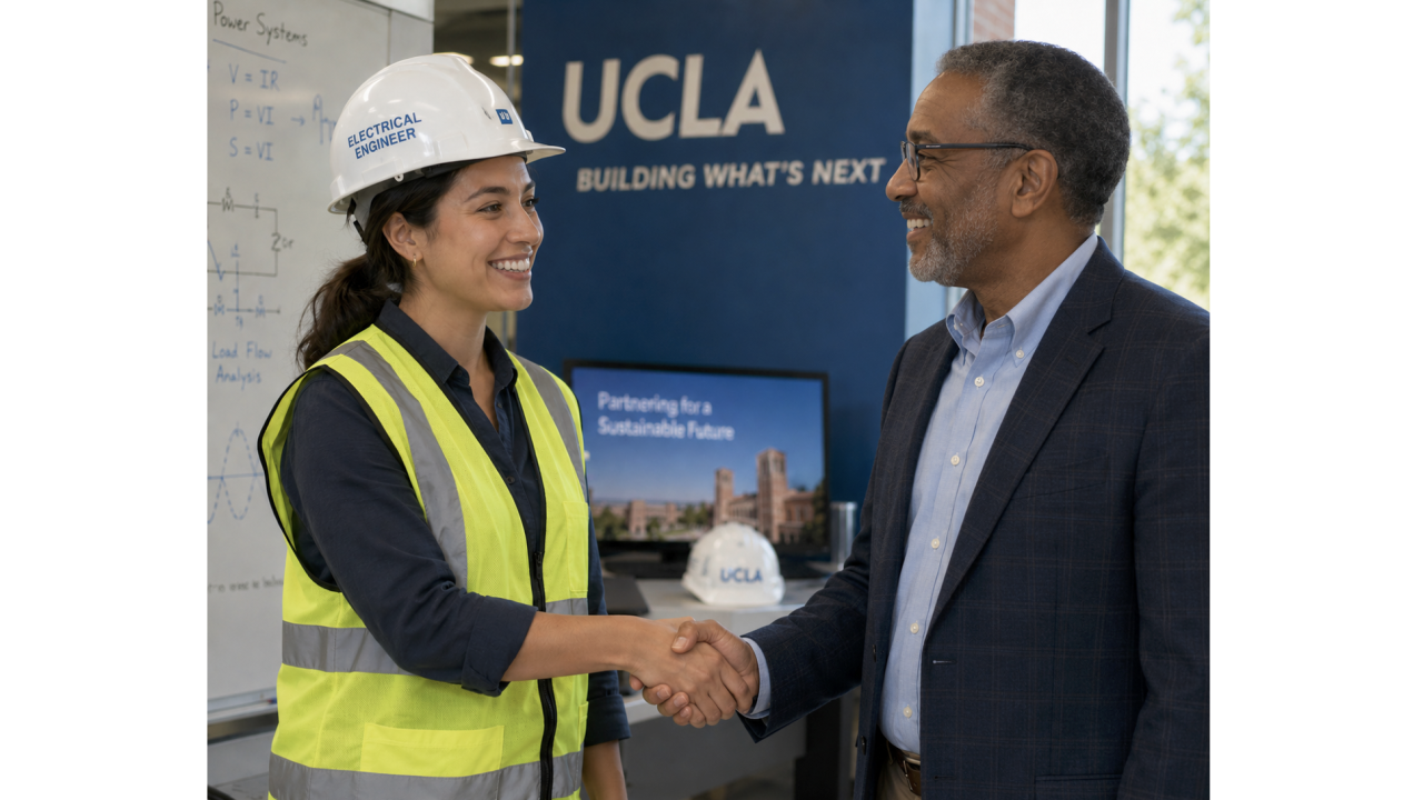 woman in hard hat and safety vest shakes hand with man wearing suit jacket