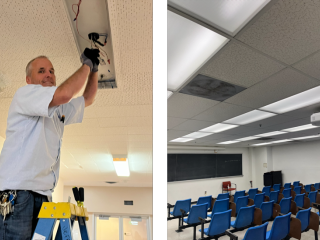(Left) UCLA Electrician, Jeffery Hatfield working on a Retrofit  (Right) Young Hall Classroom 3069 Post-Retrofit