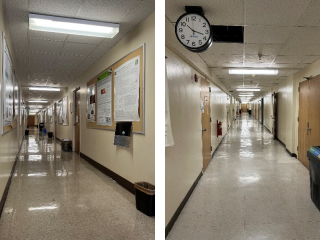 Before (left) and after (right) of a hallway in Knudsen Hall.