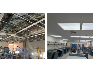 Exposed ceiling wires on left; classroom interior with new ceiling gridson right.