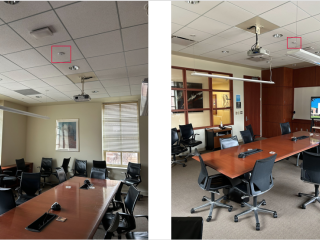 Large conference rooms with installed occupancy sensors highlighted in the red boxes