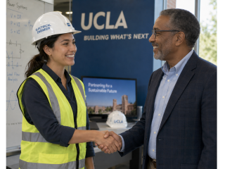 woman in hard hat and safety vest shakes hand with man wearing suit jacket